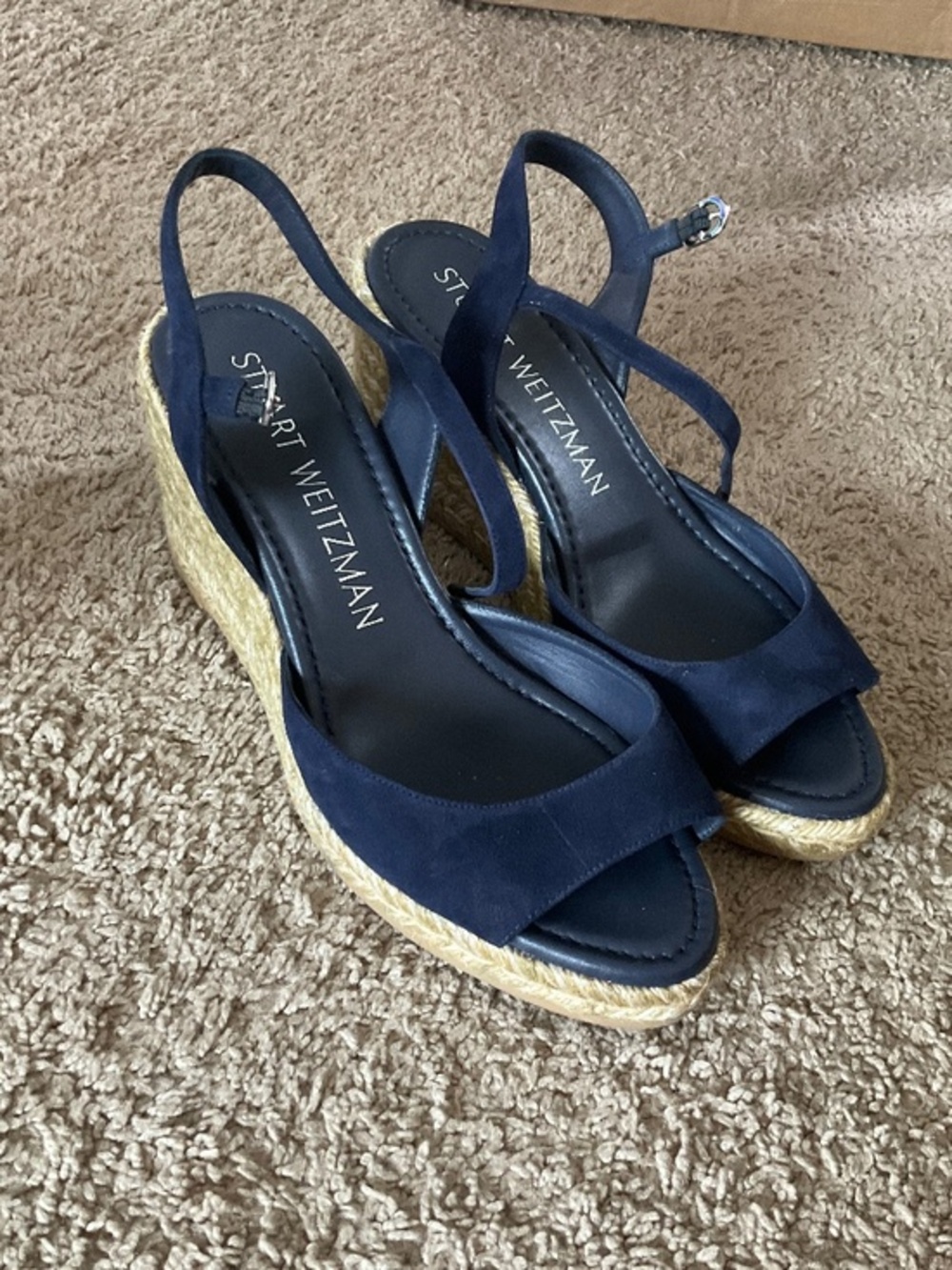 Stuart Weitzman Navy Blue Suede Espadrille Wedge Sandals